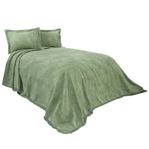 Sage Green Cotton Chenille Full Bedspread With Decorative Fringe Trim 1