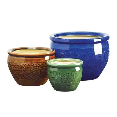 Set Of 3 Ceramic Planters – Azure, Topaz & Peridot Glazed Vases 1