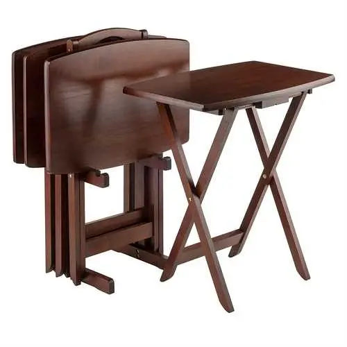 Set Of 4 Folding Tv Trays With Built-In Storage Shelf – Walnut Finish 1