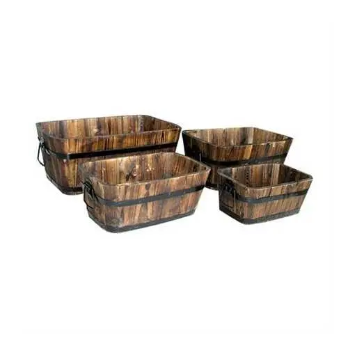 Set Of 4 Rectangular Cedar Barrel Planters For Outdoor Use – Burt Brown Finish 1