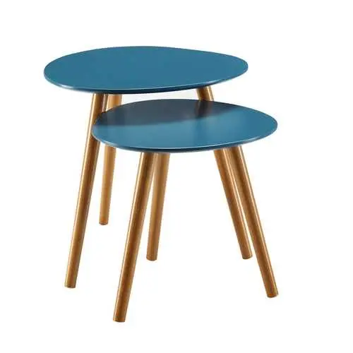 Set Of Two Mid-Century Blue Nesting End Tables With Solid Wood Legs 1