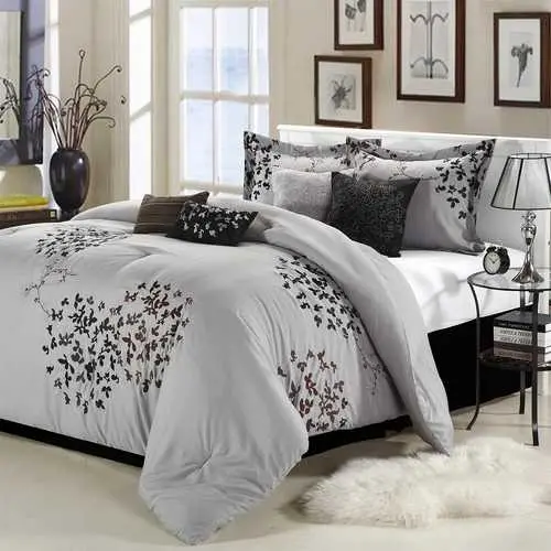 Silver Gray, Black & Brown Floral Queen Comforter Set – 8-Piece 1