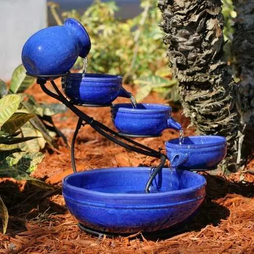 Solar-Powered Blue Ceramic Bird Bath Fountain With Cascading Design 1