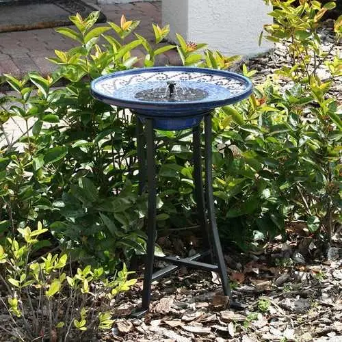 Solar-Powered Ceramic Outdoor Fountain & Bird Bath With Metal Stand 1