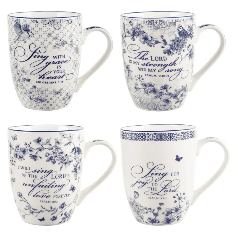 Song Collection Mug Set: Four Ceramic Mugs In Classic White & Navy 1