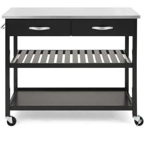 Stainless Steel Kitchen Island Cart With Black Wood Frame And Locking Casters 1