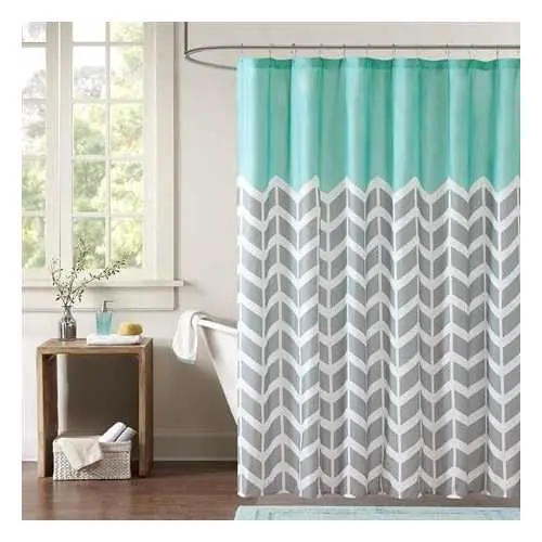 Teal, Grey, And White Chevron Shower Curtain In Soft Microfiber Fabric 1