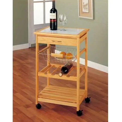 Tile-Top Wooden Kitchen Cart – Mobile Prep Station With Locking Casters 1