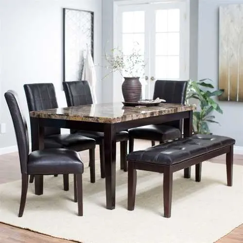 Traditional 6-Piece Dining Set: Faux Marble Table, 4 Chairs, And Bench 1