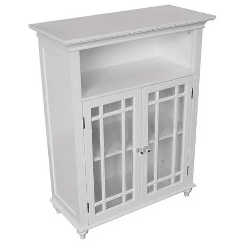 Traditional White Bathroom Floor Cabinet With Two Glass-Paneled Doors 1