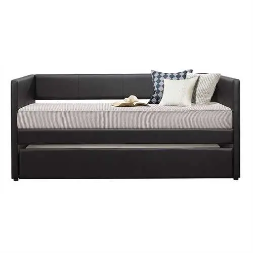 Twin Black Faux Leather Daybed – Includes Pull-Out Trundle For Extra Sleeping Space 1