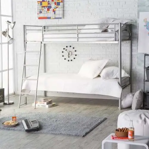 Twin-Over-Twin Heavy-Gauge Metal Bunk Bed – Silver Finish With Safety Ladder 1
