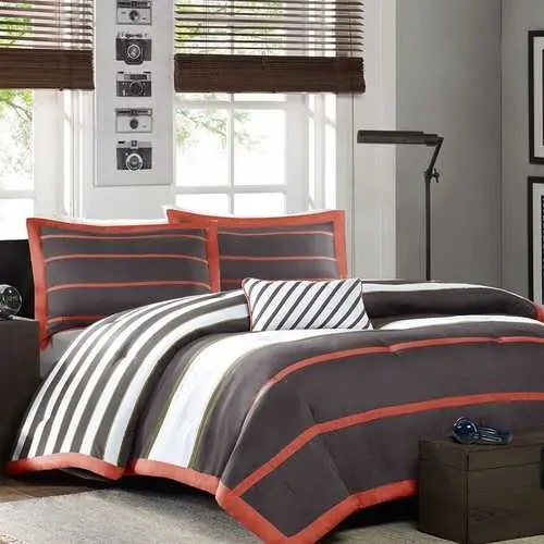 Twin/Twin Xl Comforter Set – Dark Gray, Orange & White Striped Modern Design 1