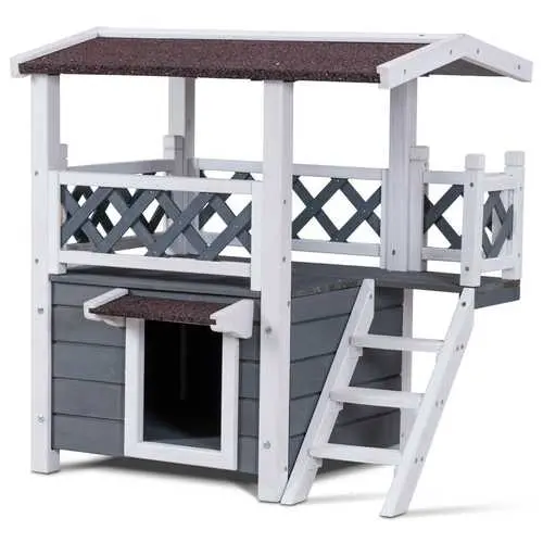 Two-Tier Weatherproof Cat House In Gray And White – Outdoor Wooden Design 1