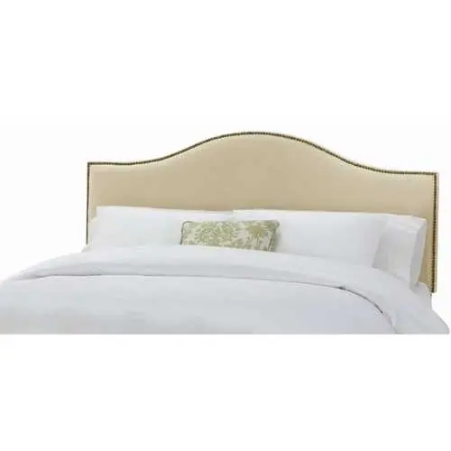 Velvet Upholstered Queen Headboard In Buckwheat Hue With Nailhead Trim 1