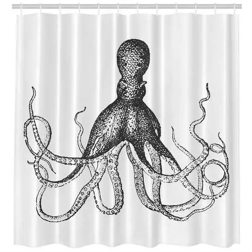 Vintage-Inspired Octopus Shower Curtain – Black-And-White Machine-Washable Design 1