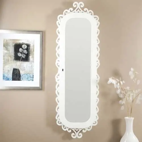 Wall-Mounted Jewelry Armoire With Mirror & Glossy White Scrolling Frame 1