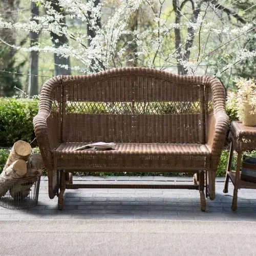 Walnut-Resin Wicker 2-Person Outdoor Glider Bench With Armrests 1