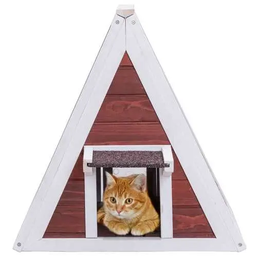 Weather-Resistant Red Wooden A-Frame Cat Shelter With Overhanging Eave 1