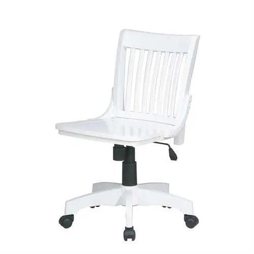 White Armless Bankers Chair With Solid Wood Seat And Sleek Profile 1