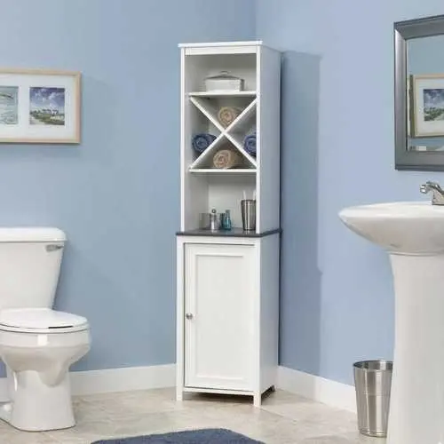 White Bathroom Linen Tower Combining Open Shelves And Enclosed Storage 1