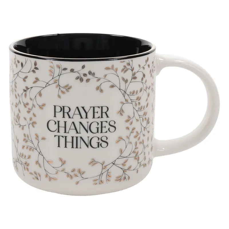 White Ceramic Mug — 'Prayer Changes Things' With Contrasting Black Interior 1