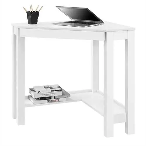 White Corner Laptop Desk – Compact Modern Workspace With Integrated Drawer 1