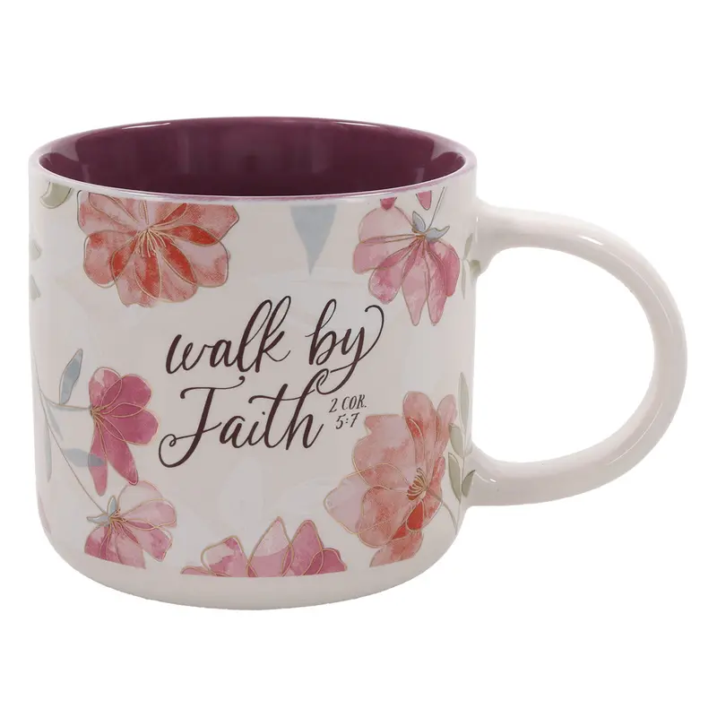 White Floral Ceramic Mug – 'Walk By Faith' With Mauve Interior 1