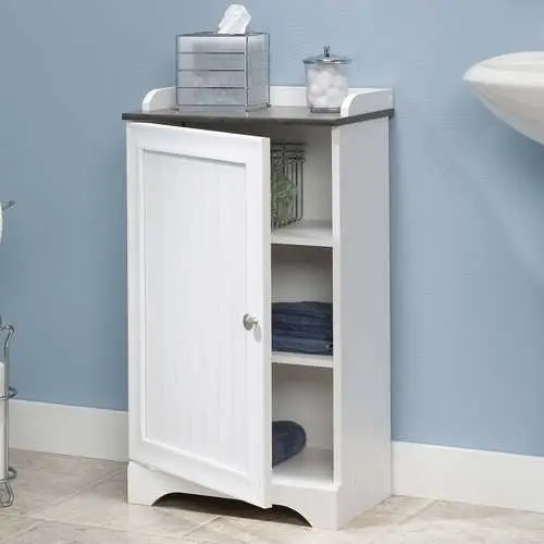 White Freestanding Bathroom Floor Cabinet – Adjustable Interior Shelving System 1