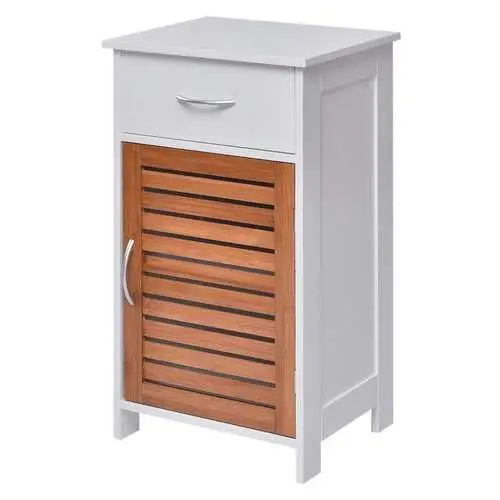 White Freestanding Bathroom Floor Cabinet With Brown Shutter-Style Door 1
