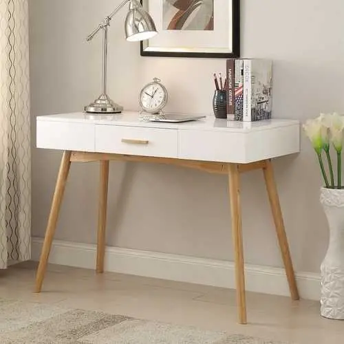 White Laptop Desk – Natural Mid-Century Legs And Slim Writing Surface 1