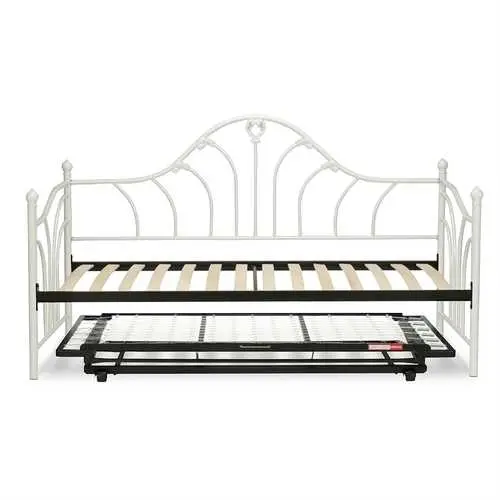 White Metal Twin Daybed Frame With Integrated Pop-Up Trundle & Wooden Slats 1