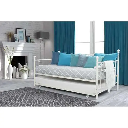 White Metal Twin Daybed With Integrated Roll-Out Trundle 1