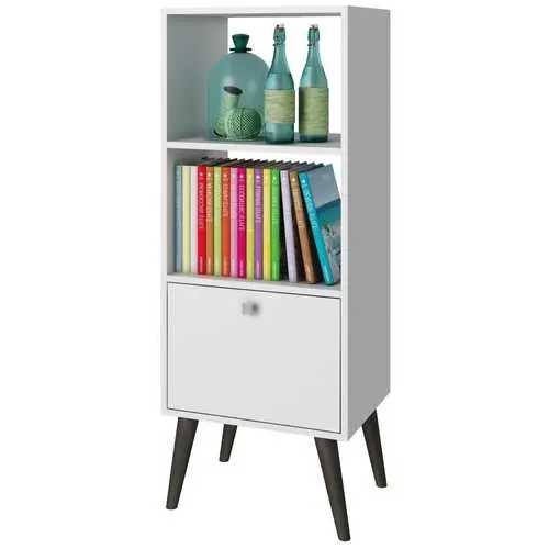 White Mid-Century Bookshelf With Integrated Storage Drawer 1