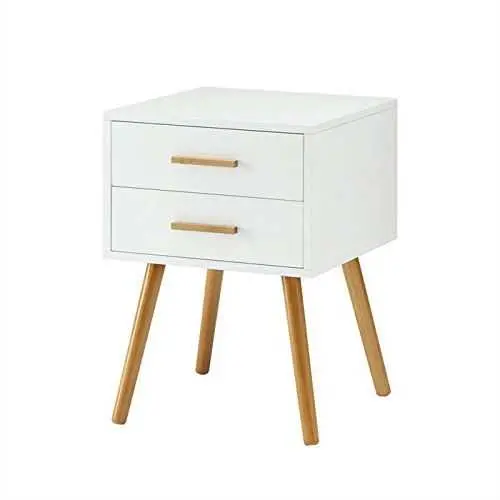 White Mid-Century End Table – 2-Drawer Nightstand With Wooden Legs 1