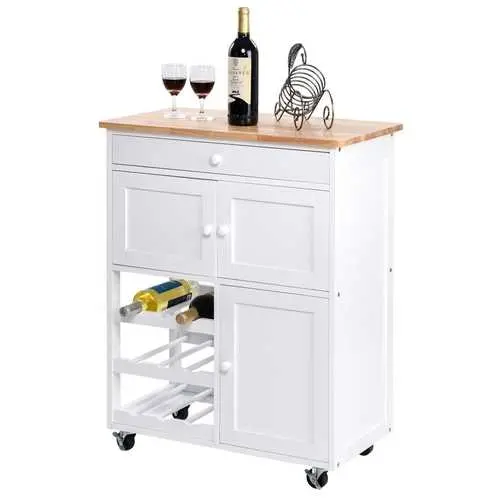 White Mobile Kitchen Island Cart With Built-In Wine Rack And Cabinet Storage 1