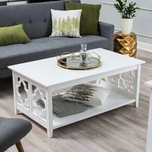 White Quatrefoil Coffee Table – Solid Birch Wood Construction 1