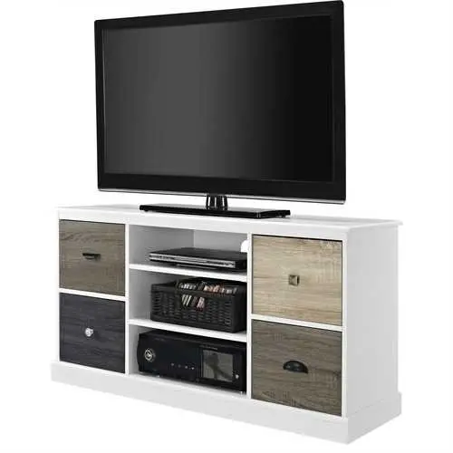White Tv Stand With Multi-Grain Wood Drawer And Door Fronts 1