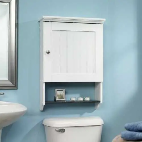White Wall-Mount Bathroom Cabinet With Open Shelf Display And Wood Finish 1