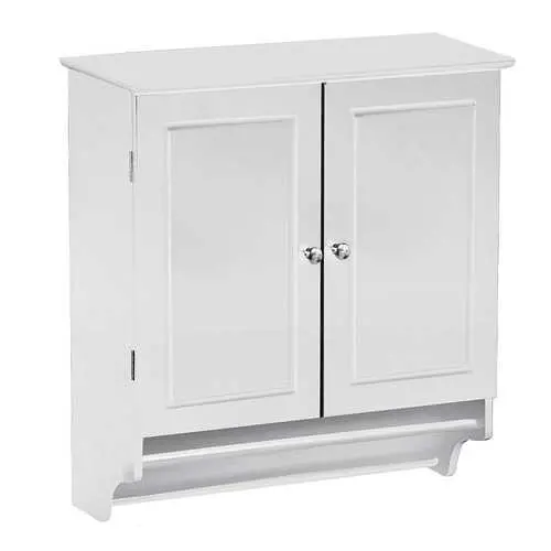 White Wall-Mounted Bathroom Cabinet With Towel Bar And Interior Shelf 1