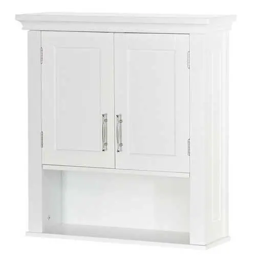 White Wall-Mounted Bathroom Cabinet – Wood Storage Unit With Open Bottom Shelf 1