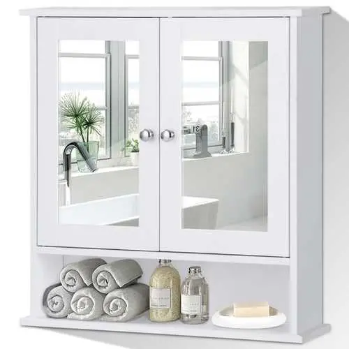 White Wall-Mounted Medicine Cabinet With Mirror, Open Shelf, And Soft-Close Door 1