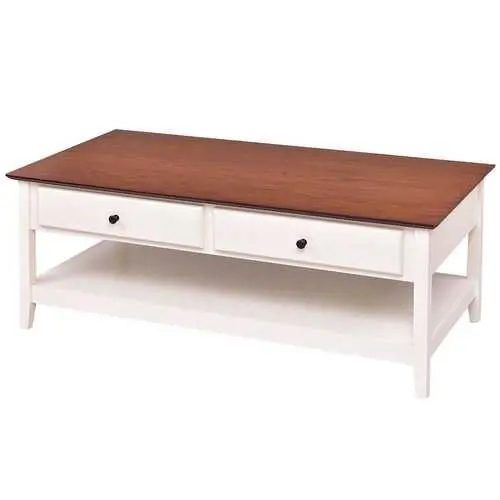 White Wood Coffee Table With Dual Drawers And Open Lower Shelf 1