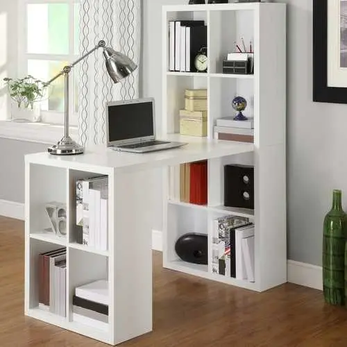 White Wood Home Office Desk With Laptop Space & Organized Storage Compartments 1