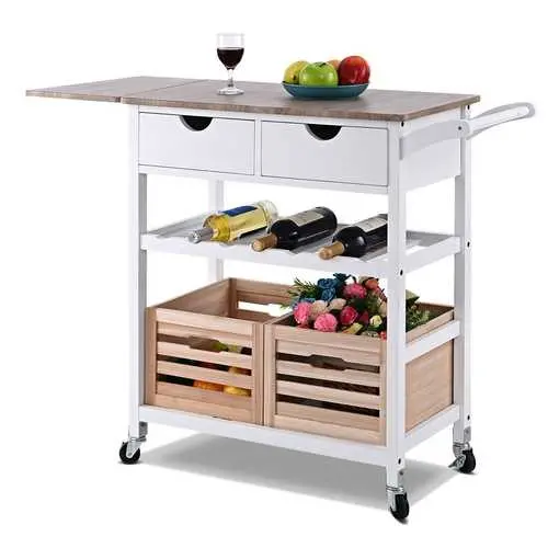 White Wood Kitchen Island Cart Featuring Wine Rack & Locking Casters 1