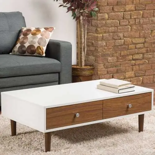 White Wood Mid-Century Coffee Table With Two Concealed Drawers 1