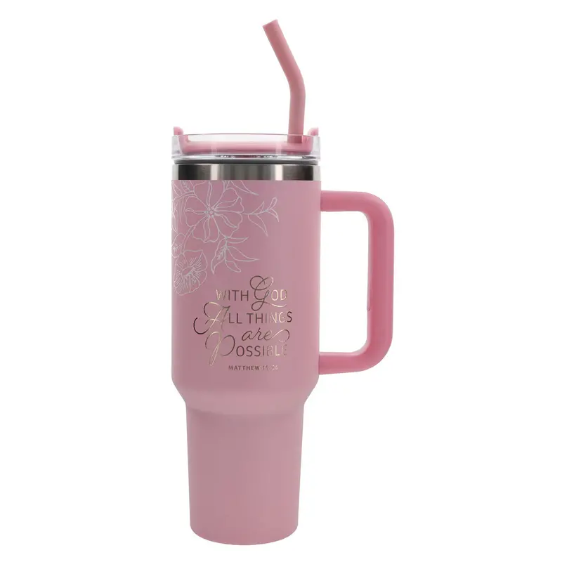 With God All Things Are Possible: Pink Stainless Steel Tumbler With Handle & Straw 1