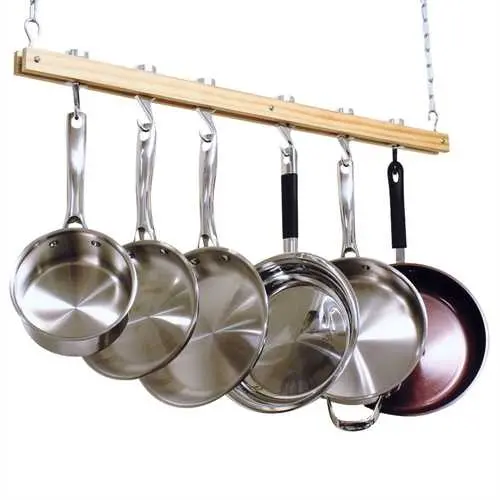 Wooden Ceiling-Mounted Single-Bar Pot Rack With 4 Pan Hooks 1