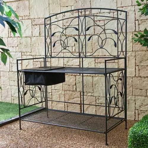 Wrought Iron Potting Bench – Black Metal Stand With Vine Motif & Fabric Sink Liner 1